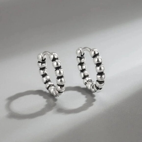 925 Sterling Silver Small Huggie Hoop Earrings Beaded Huggies - Picture 3 of 6